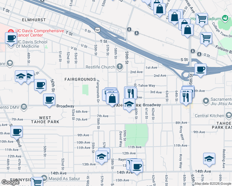 map of restaurants, bars, coffee shops, grocery stores, and more near 2817 57th Street in Sacramento