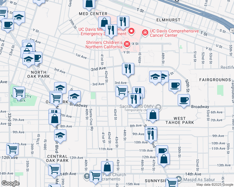 map of restaurants, bars, coffee shops, grocery stores, and more near 4315 4th Avenue in Sacramento