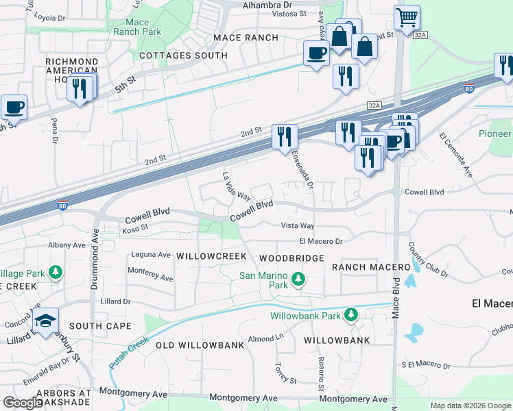 map of restaurants, bars, coffee shops, grocery stores, and more near 4005 Cowell Boulevard in Davis