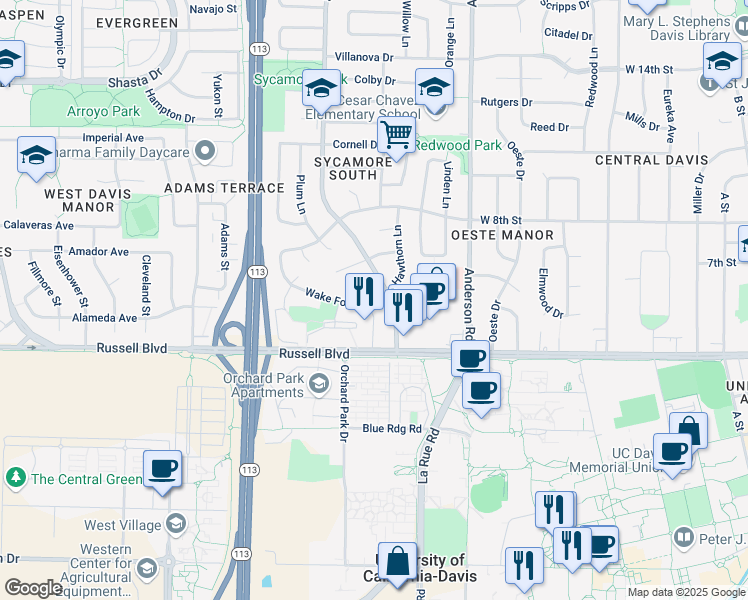 map of restaurants, bars, coffee shops, grocery stores, and more near 705 Hawthorn Lane in Davis