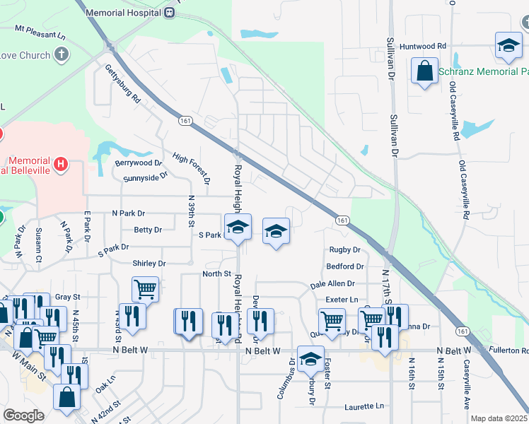map of restaurants, bars, coffee shops, grocery stores, and more near 1000 Royal Heights Road in Belleville