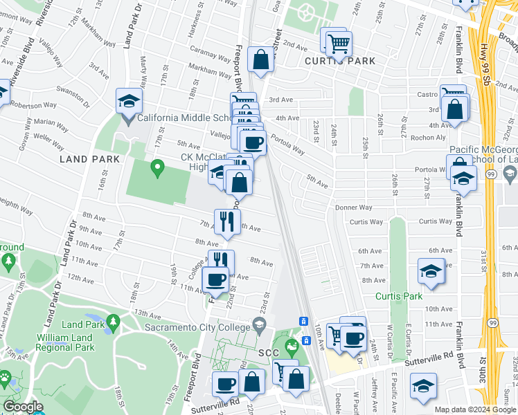 map of restaurants, bars, coffee shops, grocery stores, and more near 2172 Weller Way in Sacramento