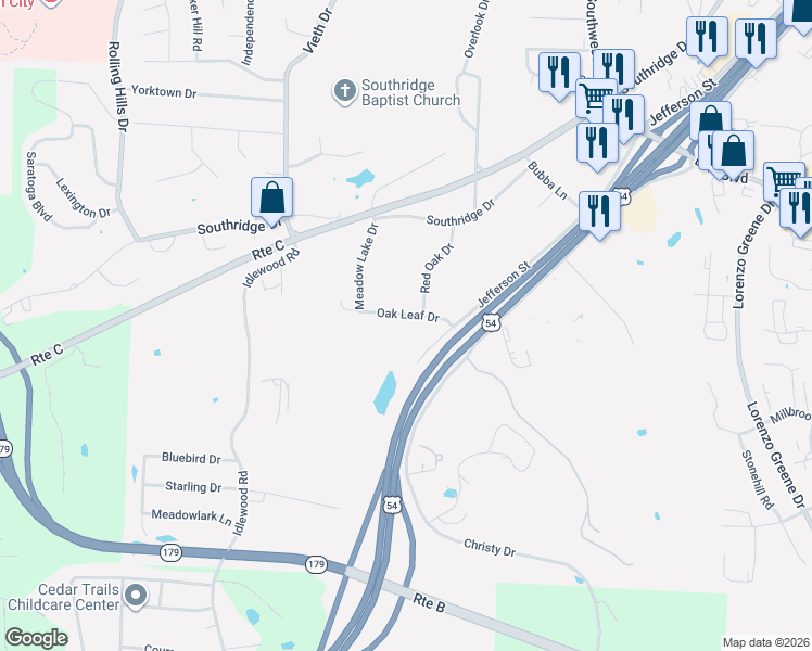 map of restaurants, bars, coffee shops, grocery stores, and more near 2021 Oak Leaf Drive in Jefferson City