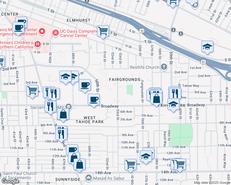 map of restaurants, bars, coffee shops, grocery stores, and more near 100 Fairgrounds Drive in Sacramento