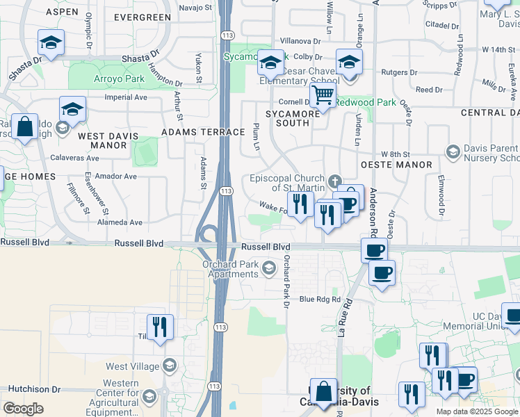 map of restaurants, bars, coffee shops, grocery stores, and more near 1424 Wake Forest Drive in Davis