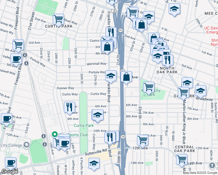 map of restaurants, bars, coffee shops, grocery stores, and more near Franklin Blvd & Donner Way in Sacramento