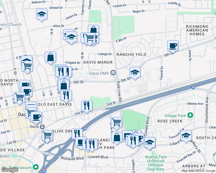 map of restaurants, bars, coffee shops, grocery stores, and more near 1930 5th St in Davis
