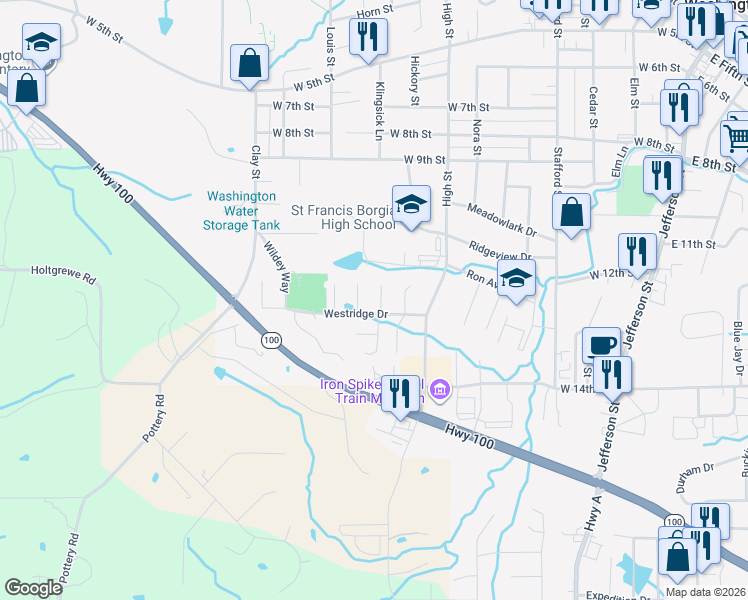 map of restaurants, bars, coffee shops, grocery stores, and more near 5 Nick Ridge Drive in Washington