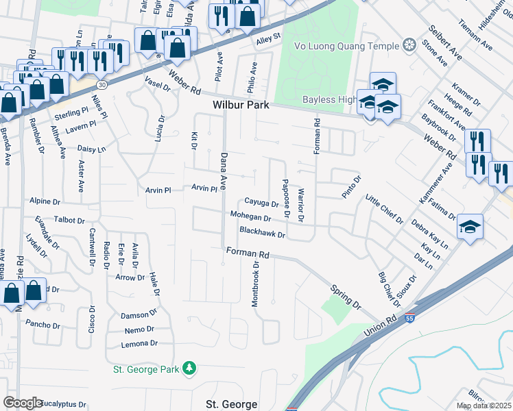 map of restaurants, bars, coffee shops, grocery stores, and more near 4834 Cayuga Drive in St. Louis