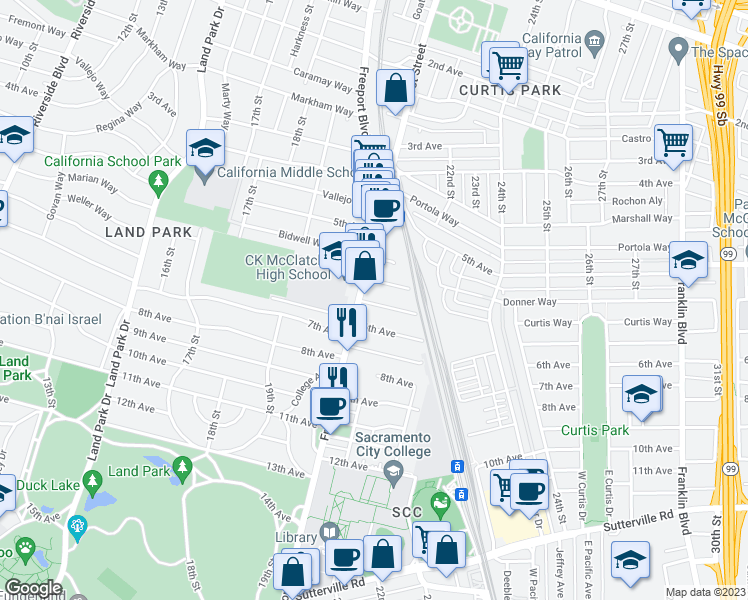 map of restaurants, bars, coffee shops, grocery stores, and more near 2115 Perkins Way in Sacramento