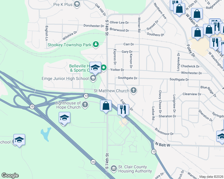 map of restaurants, bars, coffee shops, grocery stores, and more near 1123 Express Drive in Belleville