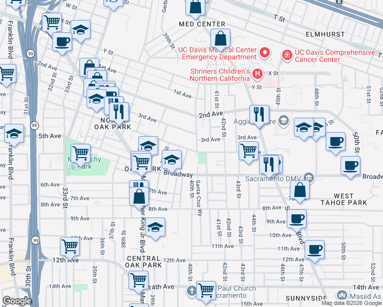 map of restaurants, bars, coffee shops, grocery stores, and more near 3987 4th Avenue in Sacramento