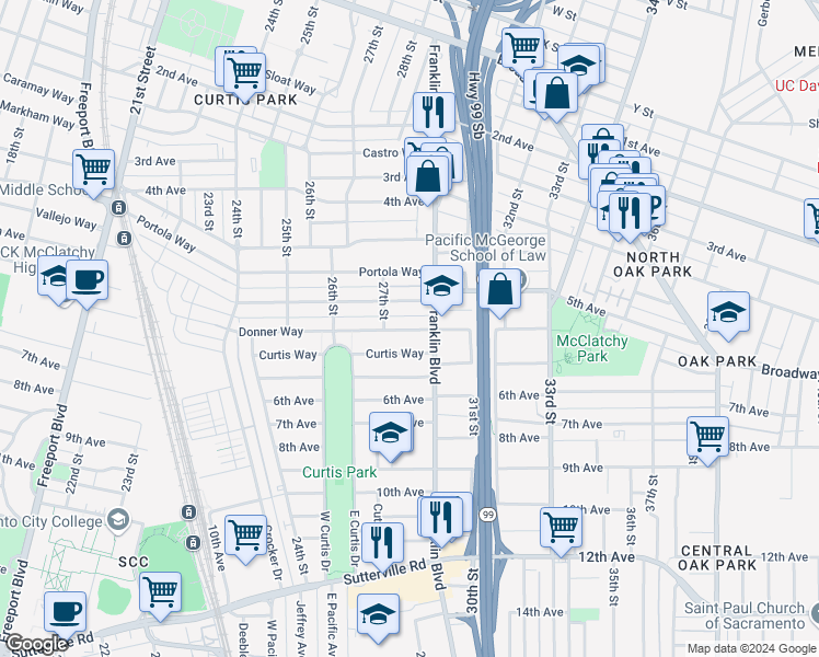 map of restaurants, bars, coffee shops, grocery stores, and more near 3025 27th Street in Sacramento