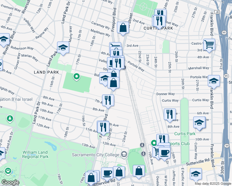 map of restaurants, bars, coffee shops, grocery stores, and more near 3067 Freeport Boulevard in Sacramento