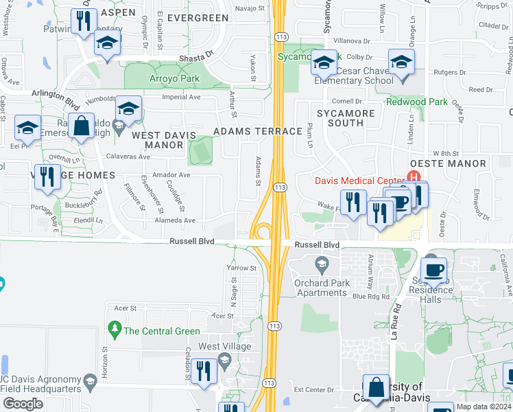 map of restaurants, bars, coffee shops, grocery stores, and more near 609 Adams Street in Davis