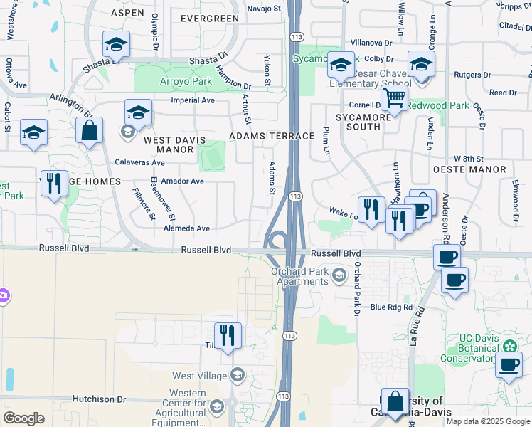 map of restaurants, bars, coffee shops, grocery stores, and more near 609 Adams Street in Davis