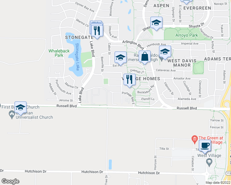 map of restaurants, bars, coffee shops, grocery stores, and more near 2745 Portage Bay East in Davis
