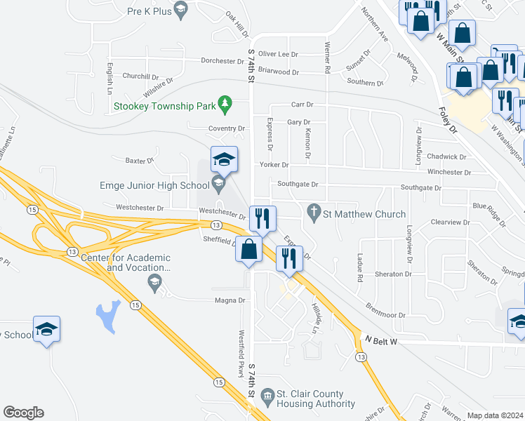 map of restaurants, bars, coffee shops, grocery stores, and more near 1100 South 74th Street in Belleville