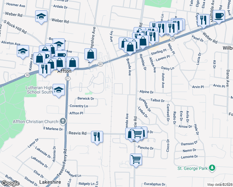 map of restaurants, bars, coffee shops, grocery stores, and more near 9349 Fairhurst Drive in Affton