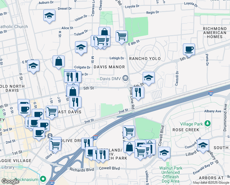 map of restaurants, bars, coffee shops, grocery stores, and more near 1930 5th St in Davis