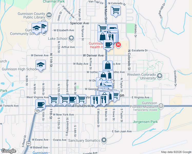 map of restaurants, bars, coffee shops, grocery stores, and more near 422 North Pine Street in Gunnison