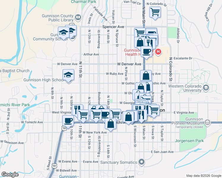 map of restaurants, bars, coffee shops, grocery stores, and more near 418 N 14th St in Gunnison