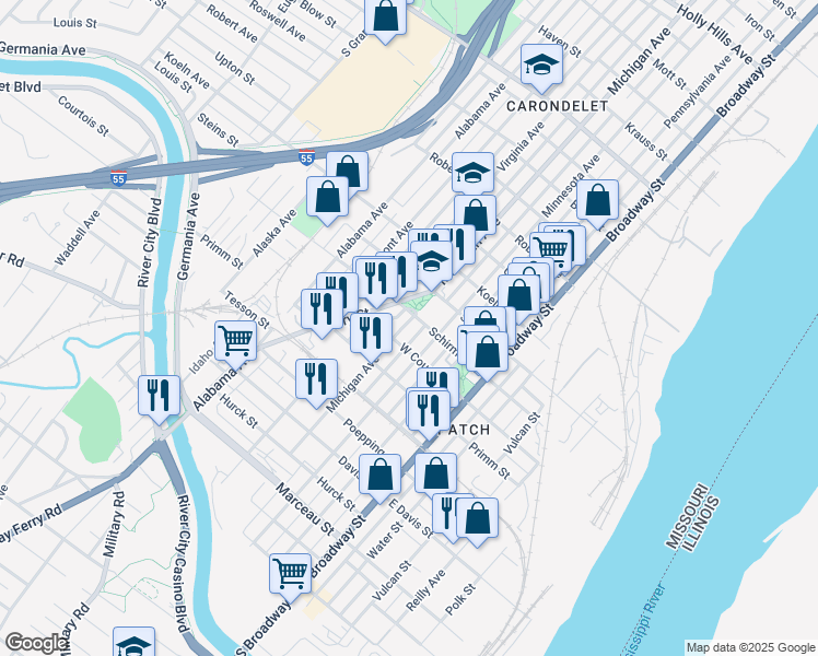 map of restaurants, bars, coffee shops, grocery stores, and more near 7712 Michigan Avenue in St. Louis