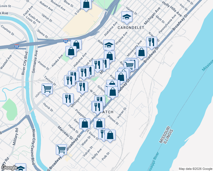 map of restaurants, bars, coffee shops, grocery stores, and more near 218 East Steins Street in St. Louis