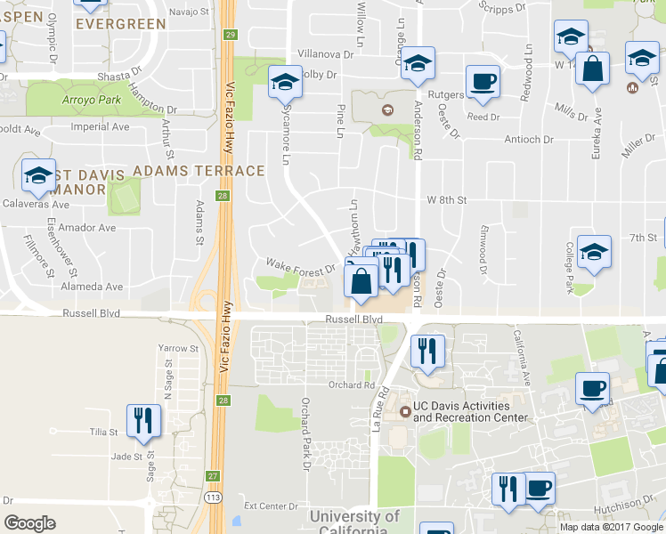 map of restaurants, bars, coffee shops, grocery stores, and more near 705 Hawthorn Lane in Davis