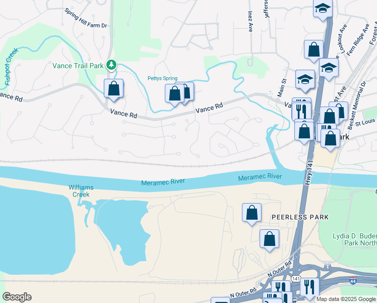 map of restaurants, bars, coffee shops, grocery stores, and more near 370 Westwind Estates Lane in Valley Park
