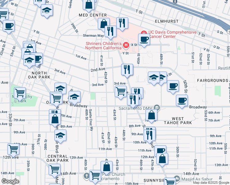 map of restaurants, bars, coffee shops, grocery stores, and more near 4315 4th Avenue in Sacramento