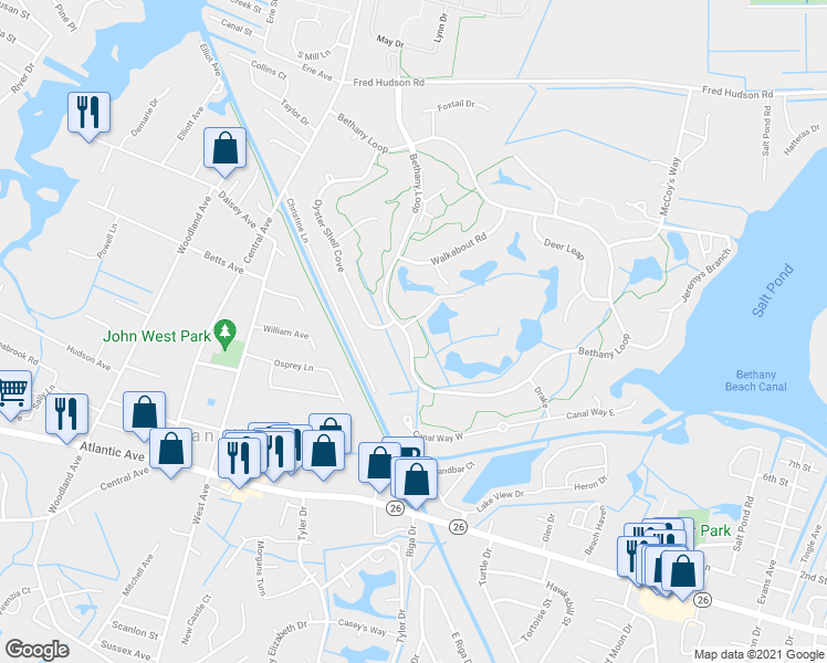 map of restaurants, bars, coffee shops, grocery stores, and more near 460 Bethany Loop in Bethany Beach