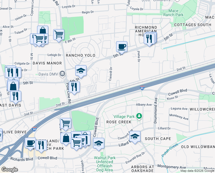 map of restaurants, bars, coffee shops, grocery stores, and more near 2537 2nd Street in Davis