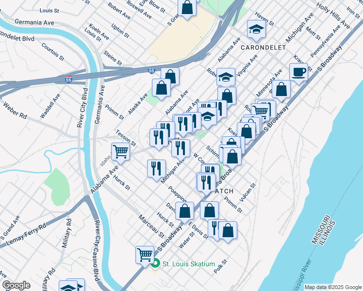 map of restaurants, bars, coffee shops, grocery stores, and more near 7716 Ivory Avenue in St. Louis