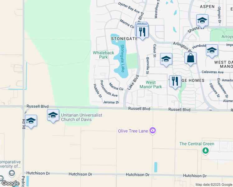map of restaurants, bars, coffee shops, grocery stores, and more near 533 Jerome Street in Davis