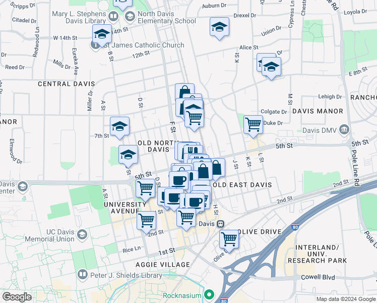 map of restaurants, bars, coffee shops, grocery stores, and more near 526 G Street in Davis