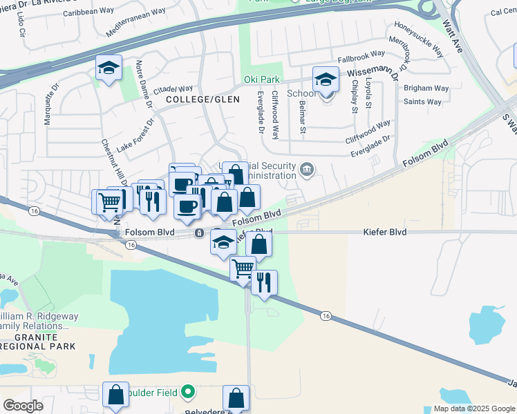 map of restaurants, bars, coffee shops, grocery stores, and more near 8505 Folsom Boulevard in Sacramento