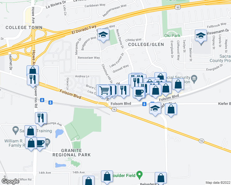 map of restaurants, bars, coffee shops, grocery stores, and more near 3151 Notre Dame Drive in Sacramento