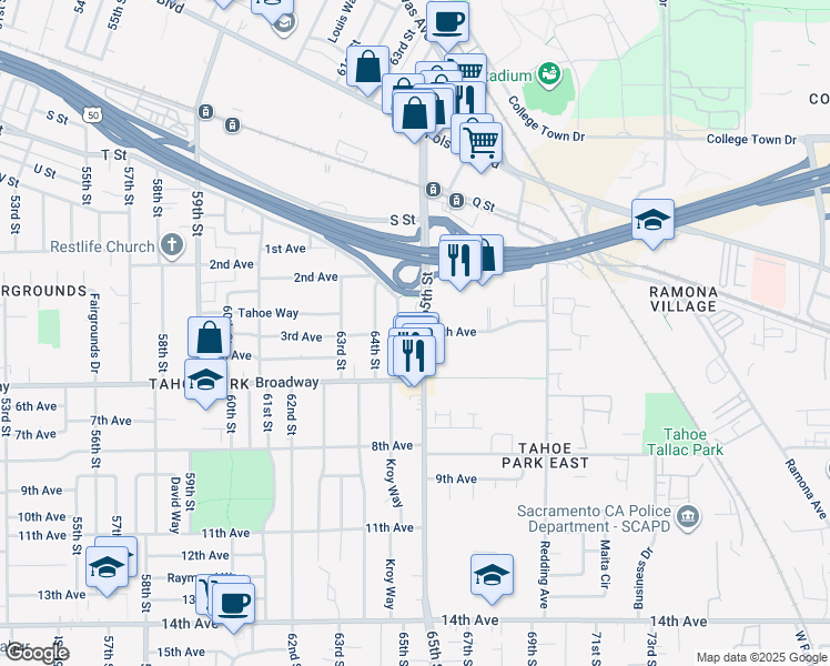 map of restaurants, bars, coffee shops, grocery stores, and more near in Sacramento