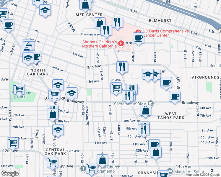 map of restaurants, bars, coffee shops, grocery stores, and more near 4315 4th Avenue in Sacramento
