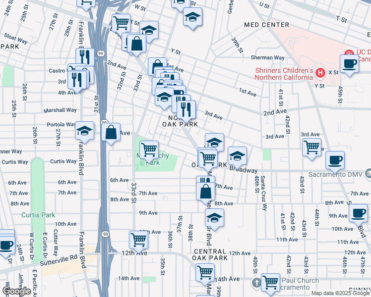 map of restaurants, bars, coffee shops, grocery stores, and more near 3671 5th Avenue in Sacramento