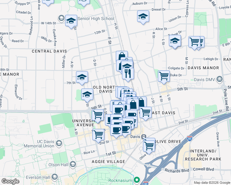map of restaurants, bars, coffee shops, grocery stores, and more near in Davis