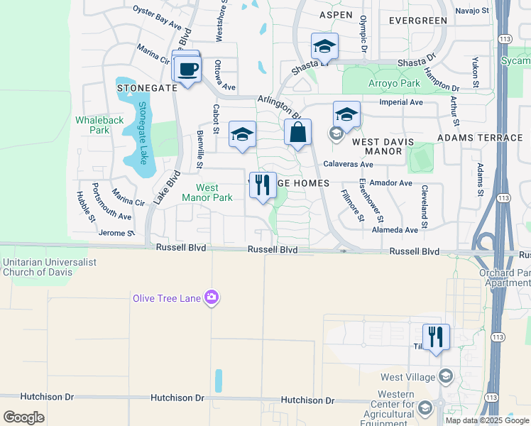 map of restaurants, bars, coffee shops, grocery stores, and more near 2659 Portage Bay East in Davis