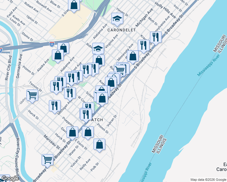 map of restaurants, bars, coffee shops, grocery stores, and more near 7411A South Broadway in St. Louis