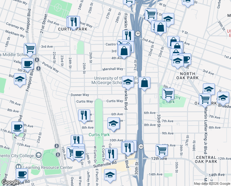 map of restaurants, bars, coffee shops, grocery stores, and more near 3025 27th Street in Sacramento