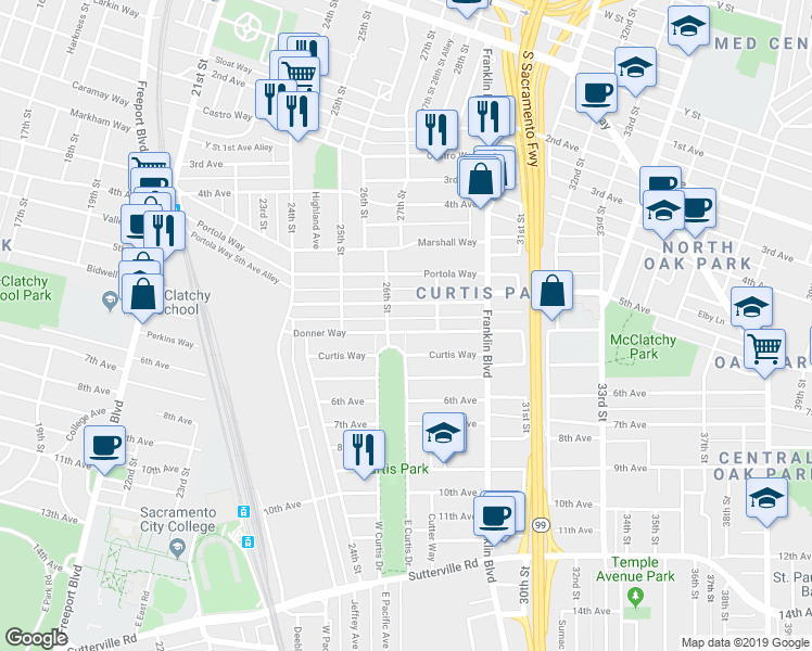 map of restaurants, bars, coffee shops, grocery stores, and more near 2633 Donner Way in Sacramento