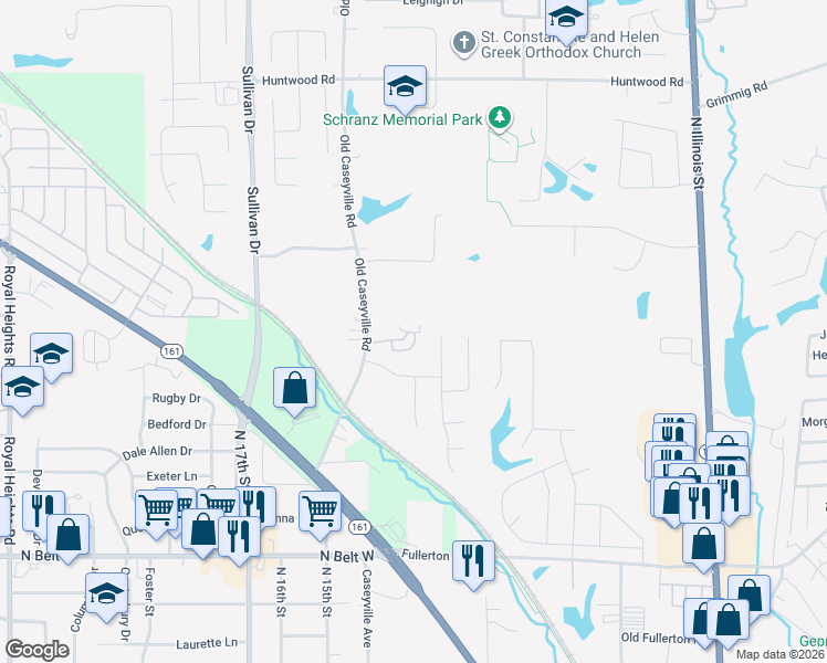 map of restaurants, bars, coffee shops, grocery stores, and more near 1451 Wisteria Court in Belleville
