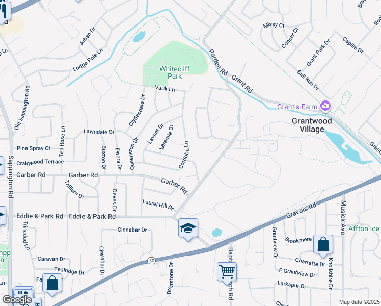 map of restaurants, bars, coffee shops, grocery stores, and more near 9270 Cordoba Lane in St. Louis