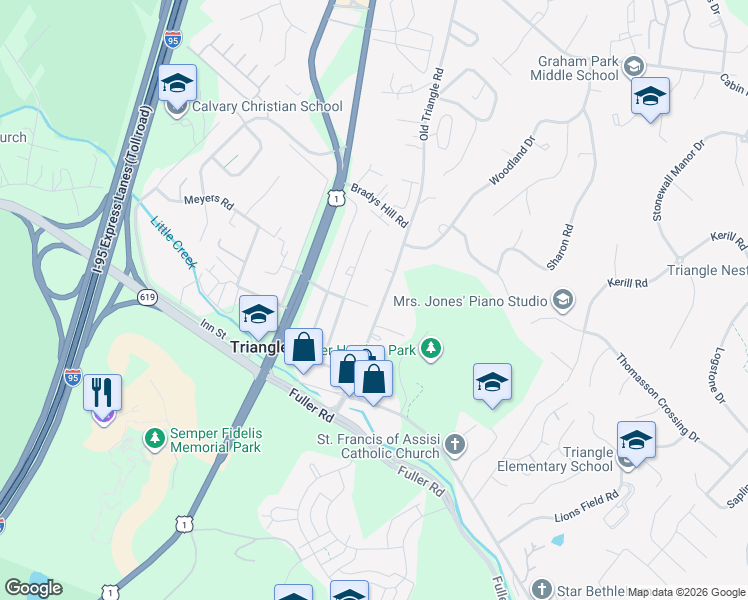 map of restaurants, bars, coffee shops, grocery stores, and more near 18532 Old Triangle Road in Triangle