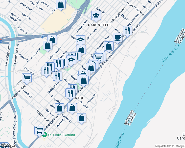 map of restaurants, bars, coffee shops, grocery stores, and more near 7411A South Broadway in St. Louis